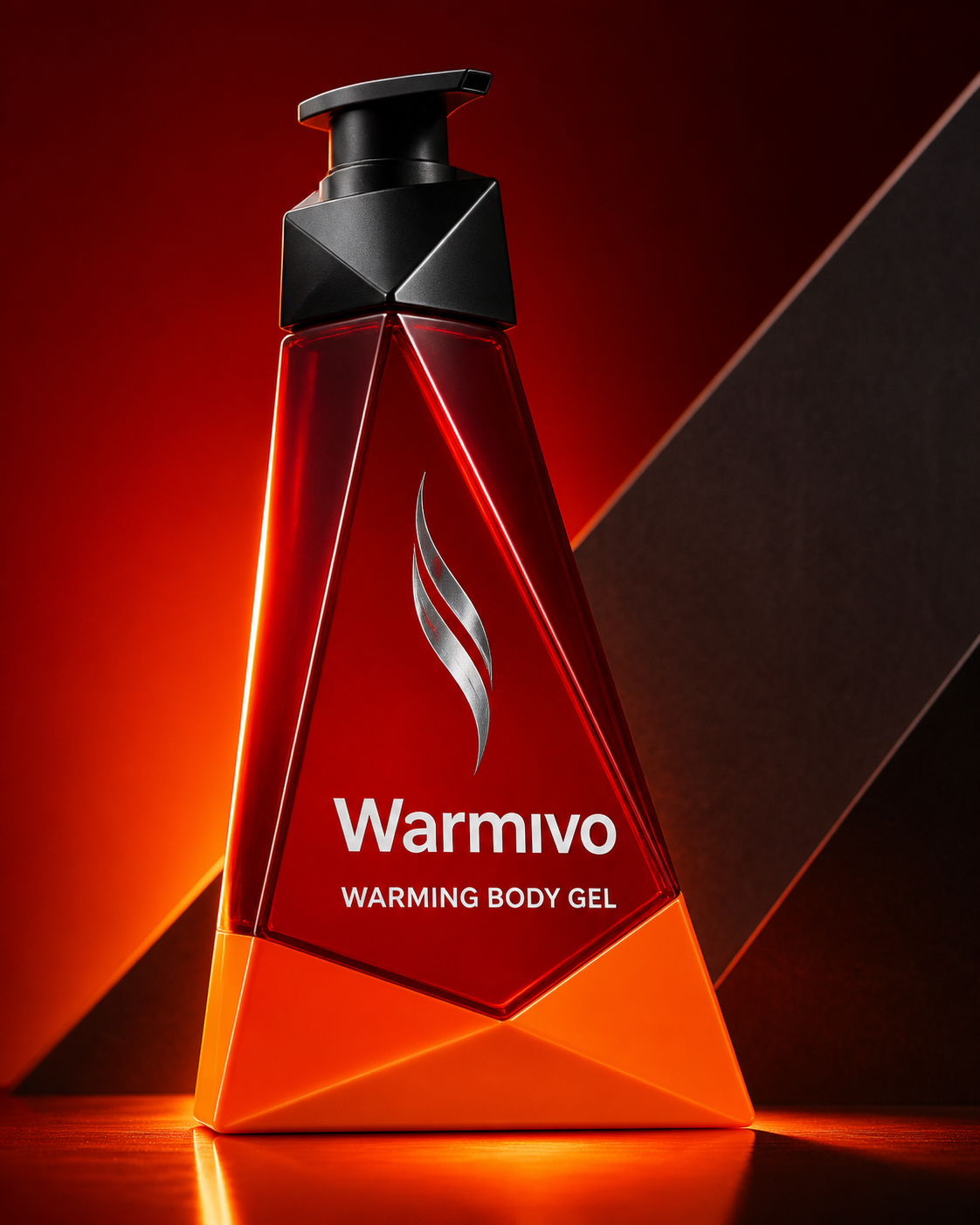 Warmivo Warming Body Gel: facettierte Flasche aus tiefrotem Glas auf orangefarbenem Sockel mit mattschwarzem Pumpspender, 200 ml